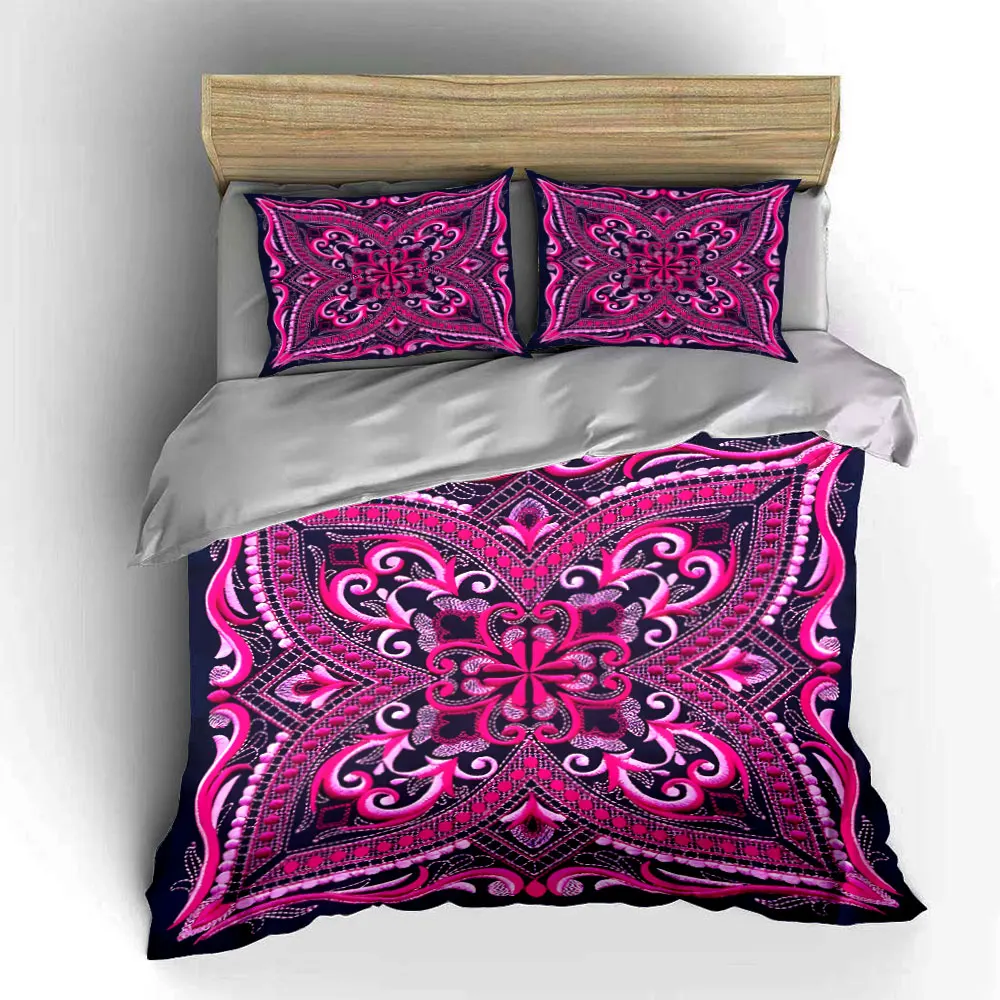 Boho Mandala Embroidery Pattern Bedding Set, Symmetrical Ethnic Floral Print Duvet Cover Set, Bohemian Soft Microfiber Bed 3pcs 5