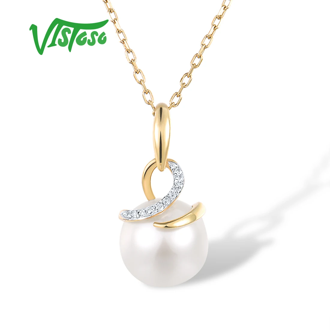 

VISTOSO Genuine 9K 375 Yellow Gold Necklace For Women Fresh Water White Pearl Diamond Necklace Elegant Chic Trendy Fine Jewelry