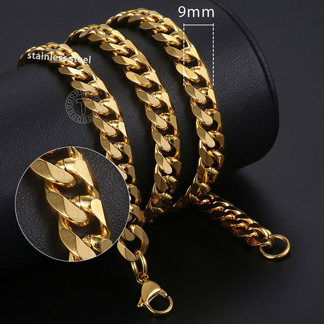 Stainless Steel Necklace Curb Cuban Link Chain For Men Women Gold Tone Solid Metal Punk Jewelry Gift KNM08