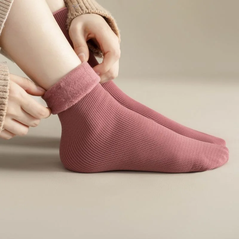 Warm Thick Snow Socks Mid Calf Length Pure Color Vertical Stripe