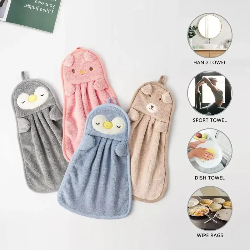 Hand towel cute children's cartoon absorbent coral fleece kitchen towel hanging small towel penguin hand towel with hanging loop