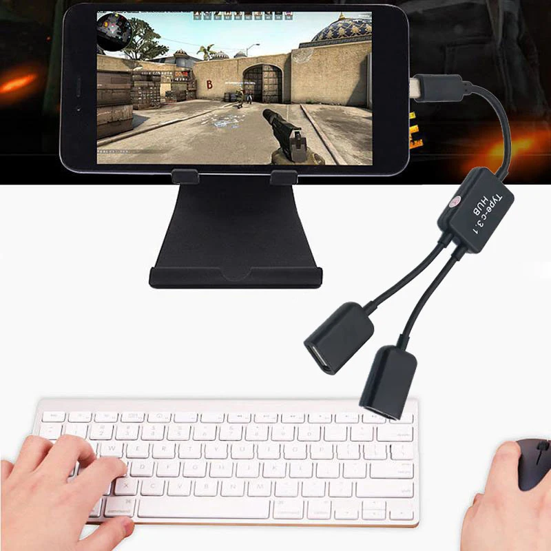 

Кабель-концентратор Micro USB/Type C на 2 OTG с двумя портами