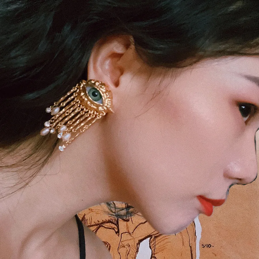 터키 리플럭스 스타일 과장된 빈티지 녹색 눈 태슬 귀걸이 악마의 눈 진주 스터드 반지 귀 클립 여성용