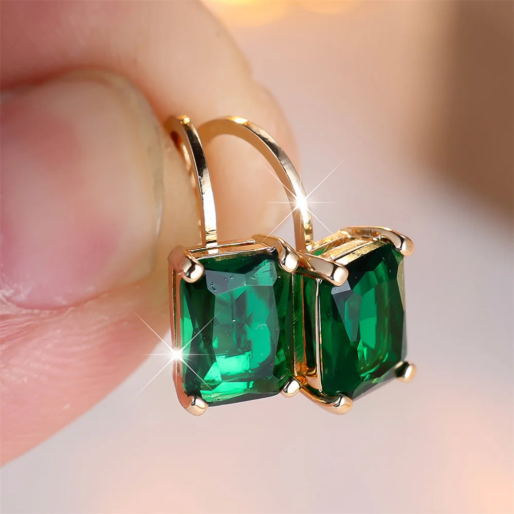 Charm Green Crystal Square Stone Hoop Earrings For Women Vintage Fashion Gold Color Ear Buckle Wedding Jewelry Mother's Day Gift