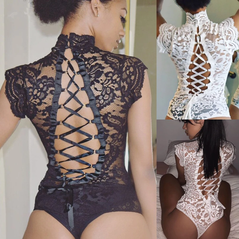 

Sexy Women Slim White Bodysuit Lace Leotard Top Short Sleeve Jumpsuit Hollow Out Clubwear Sexy Hollow Tops