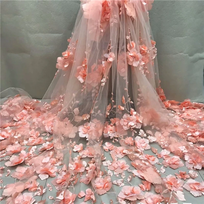 White 3D Beads Lace Fabric 2024 High Quality Mesh Embroidery Applique 3D Flower Tulle Nigerian Lace Fabrics For Bridal LY1355