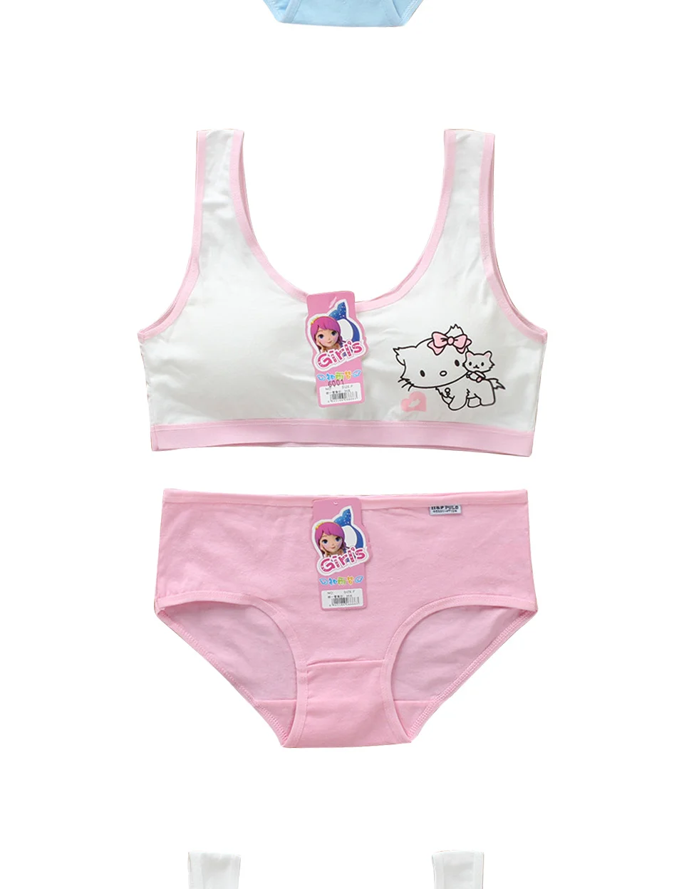LJMOFA Girls Cute Underwear Set Kids Cotton Sports Training Bra Solid Color Letters Printed Neckline Teenage Briefs Panties B219