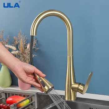 ULA สแตนเลสก๊อกน้ำสำหรับห้องครัวเครื่องทำน้ำร้อนเย็นแตะดึง Out Spout 2โหมดที่มีความยืดหยุ่นอ่างล้างจานก๊อกน้ำห้องครัว Gold แตะ 2