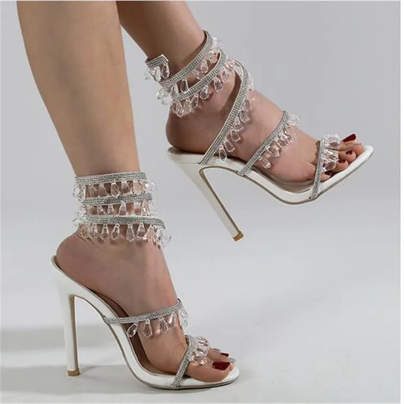 2023 New Women's Sandals Luxury Rhinestone Wraparound Ankle Women's Stiletto Heels Wedding Shoes Banquet Shoes