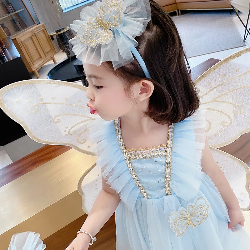 Girls Dress Princess Costume Kids Clothes Summer Girls Dress Butterfly Wings Lace Princess Dress Fashionable Birthday Party Children Kids Vacation Clothing