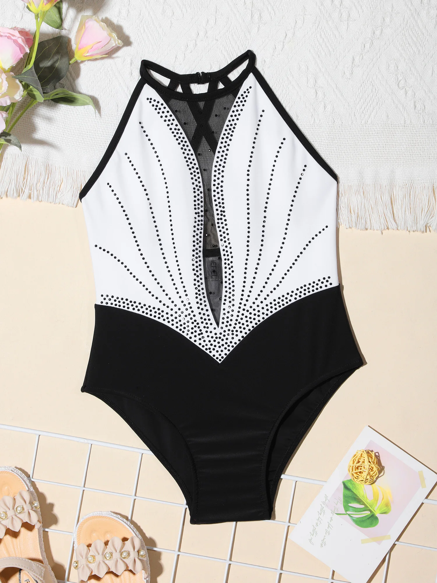 여아 발레 댄스 레오타드 키즈 민소매 샤이니 라인스톤 메쉬 패치워크 바디 수트, 피겨 아이스 스케이팅 체조 댄스웨어