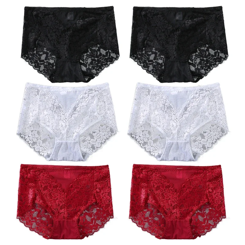 6PCS Plus Size 1XL-4XL Sexy High Waisted Underwear Women Breathable Lace  Panties Cheeky Mom Panties Hollow Out Floral Panties