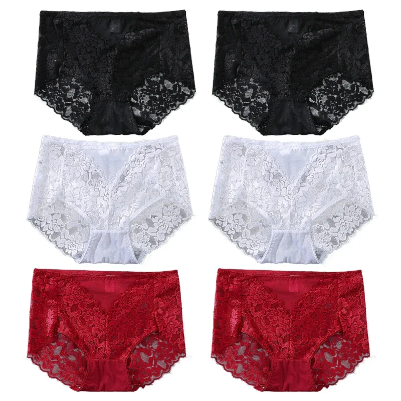 6PCS Plus Size 1XL-4XL Sexy High Waisted Underwear Women Breathable Lace  Panties Cheeky Mom Panties