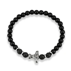 Norse Mythology Mjolnir Beaded Bracelet - Natural Stone & Stainless Steel Thor's Hammer Elastic Bangle Jewelry (Black)