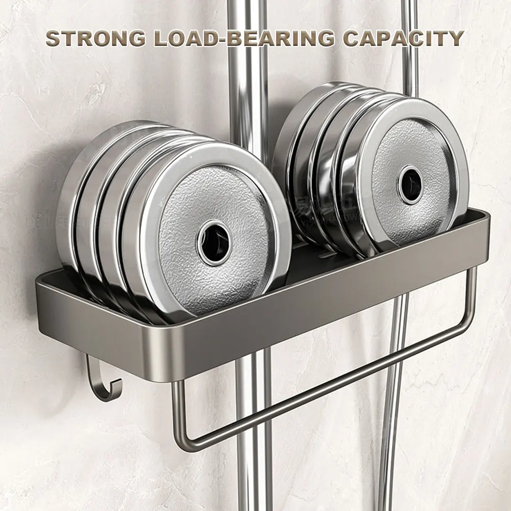 1/2PCS Shower Rack Punch-Free Bathroom Tray With Towel Bar Hooks Shampoo Holder Floating Shelf For Toilet Bathroom Organizer 4