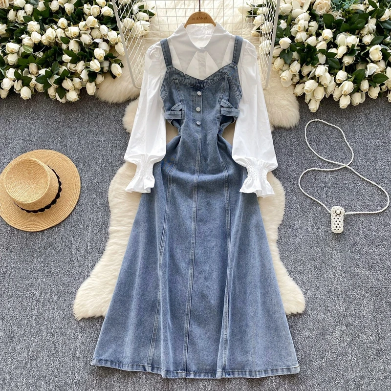 Korean Style Women's Gentle and Age Reducing Versatile Bubble Sleeve Shirt  with Lace up Design and Suspender Denim Dress Set - AliExpress 200000345
