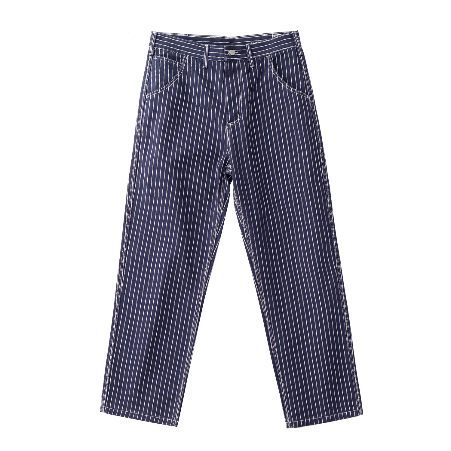Discharge striped cargo wide-leg pants American retro heavy primary color denim casual loose straight leg jeans men 3