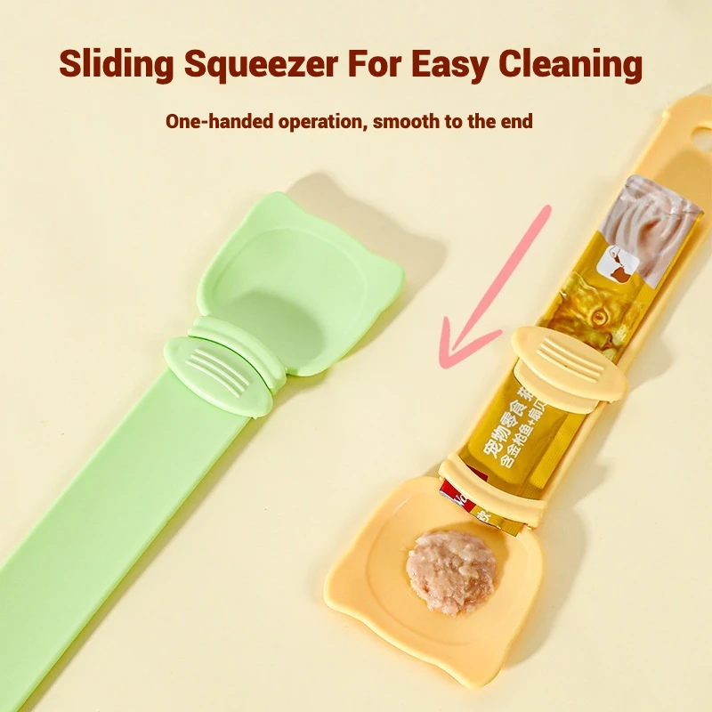 Cat Strip Spoon Squeezer With Sliding Squeezer Spill Proof Wide Mouth And Long Handle For Effortless One Handed Mess Free Feedin