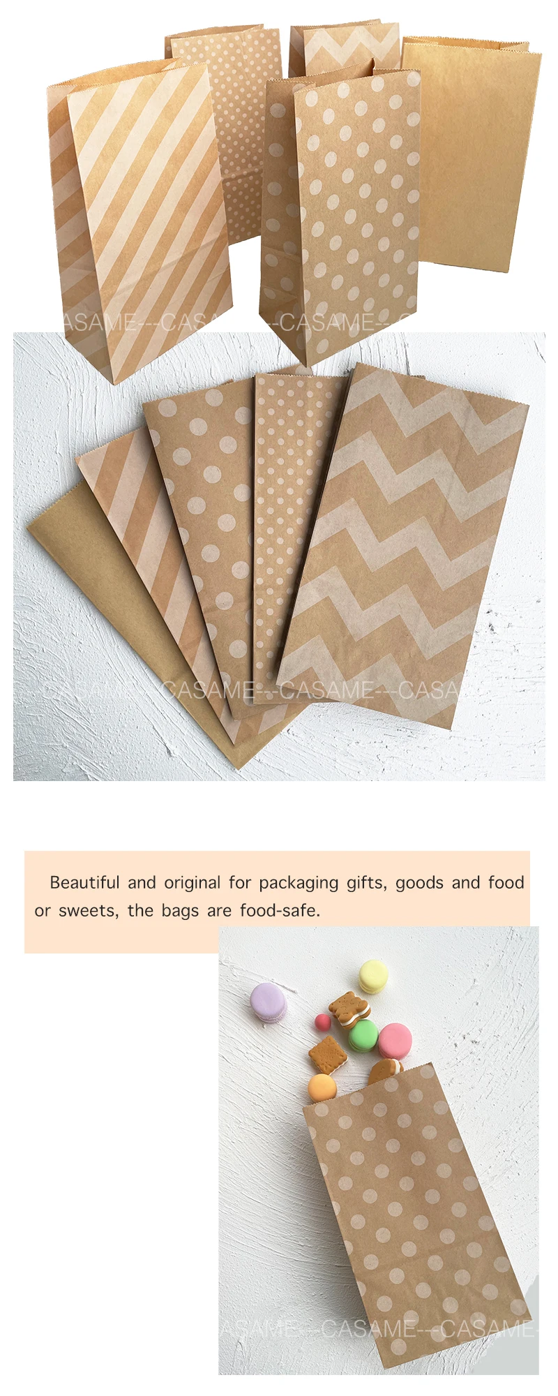 Description Picture 5 of itemSolid Color Colorful Dots Stripe Gift Bag Party Wedding Favor Cookie Candy Bags Birthday Food Treat Bag Open Top Paper Bag