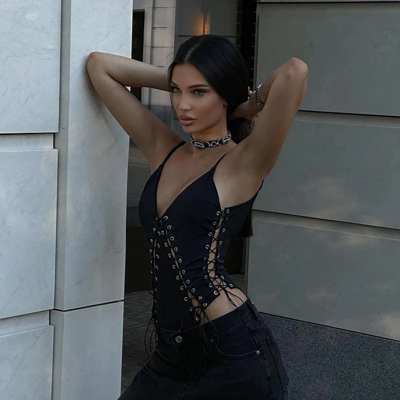 BKLD Autumn New Sexy Y2k Clothes Women Tops Streetwear Slim Fit Spaghetti Strap Fashion Lace-Up Hollow Out Black Bodysuit