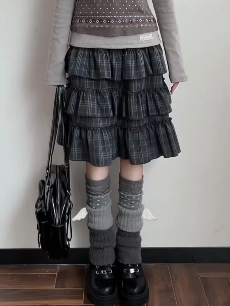 Y2k Harajuku Vintage Skirts Plaid Ruffles Patchwork High Waist Cake Skirt Punk Gothic All Match 2026 Summer Women's Clothing