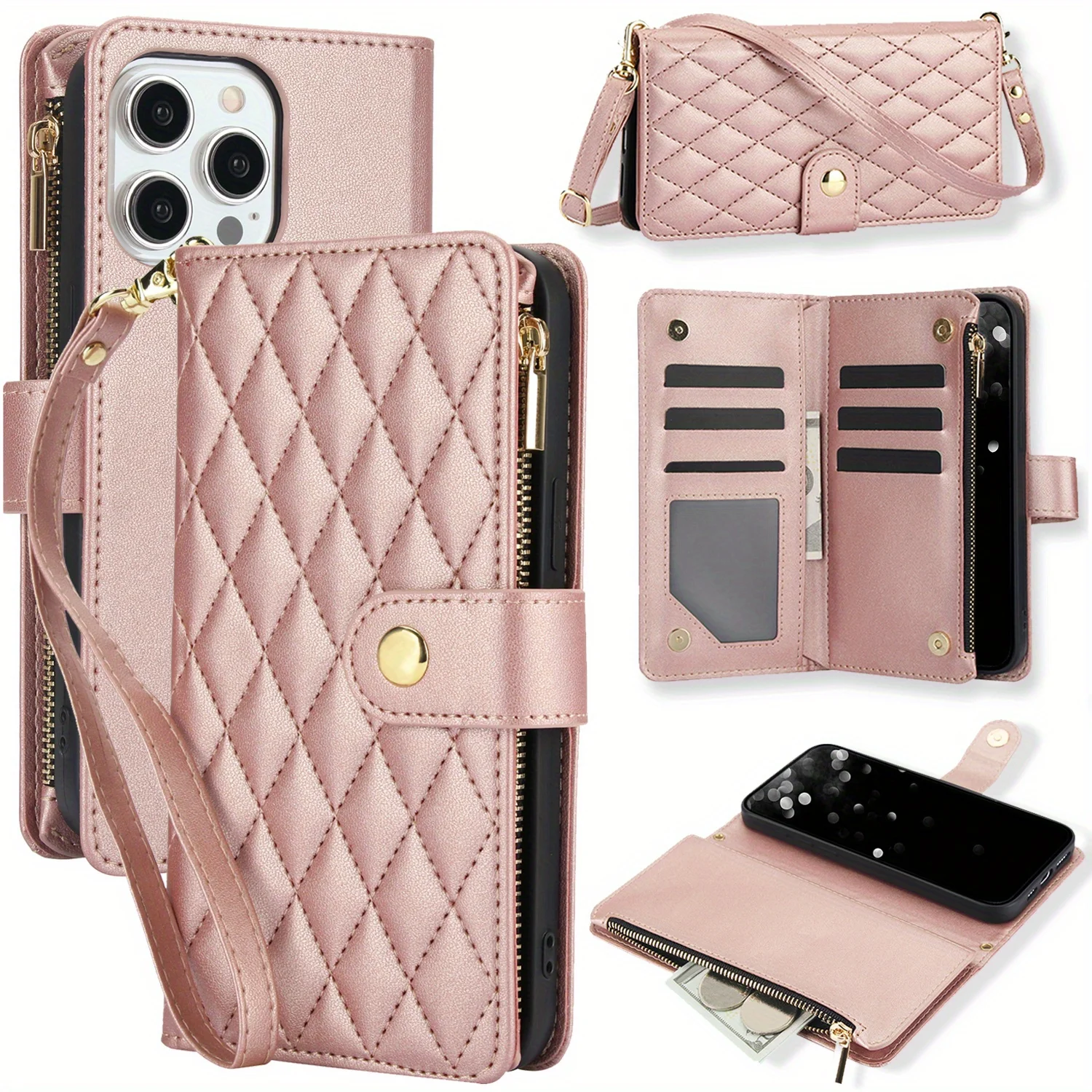 Crossbody PU Leather Wallet Flip Case For iPhone 15 14 13 12 Mini 11 Pro X XS Max XR 8 7 Plus SE Zipper Card Slot Phone Cover