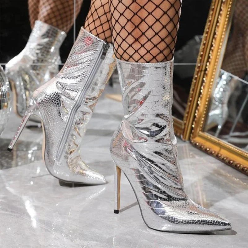 Pointed Zip Patent Leather Woman Boots Stiletto High Heels Solid Color Martin Boots Stone Pattern Short Tube Ankle Boots Winter