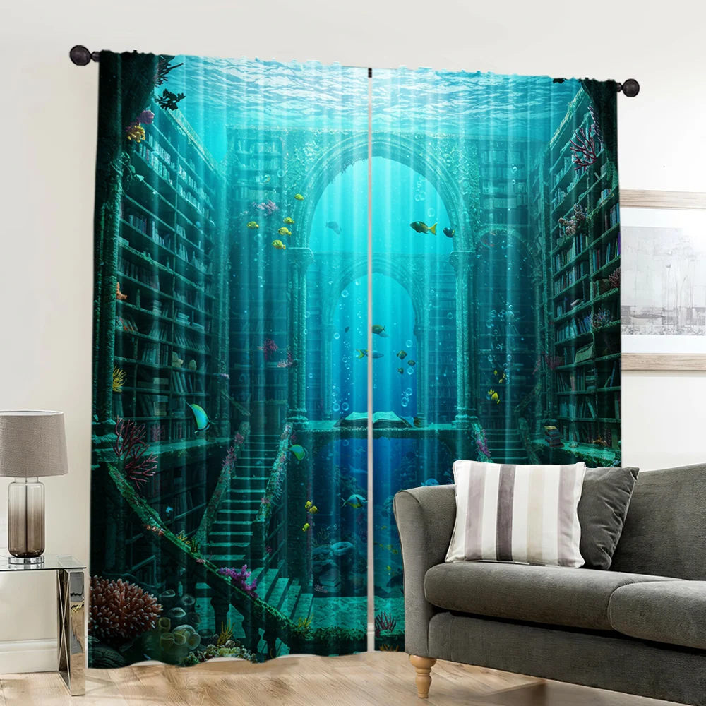 2pcs, spring summer Curtains Underwater library, Gothic architecture, with coral reefs and books Sheer Curtains Durable 100% 6