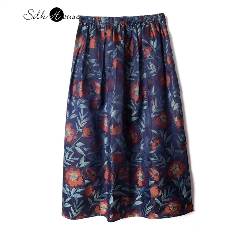 High End Women's Summer New 100% Natural Mulberry Silk Song Brocade Navy Blue Peony Print Temperament Skirt