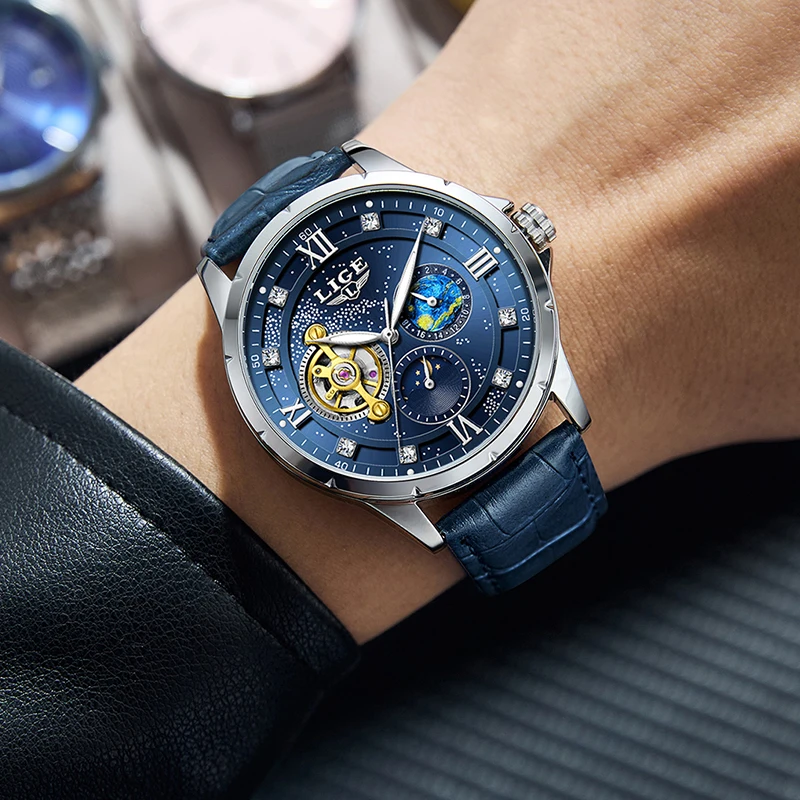 LIGE New Luxury Men's Mechanical Wristwatches Fashion Waterproof Luminous Watch Men Casual Blue Leather Automatic Watch For Men