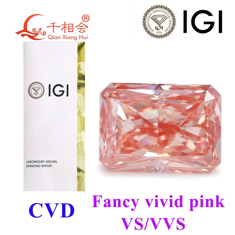 IGI Certified 1.13CT VVS2 CVD Diamond Vivid Pink Color Radiant Shape Lab Grown Stone for Jewelry