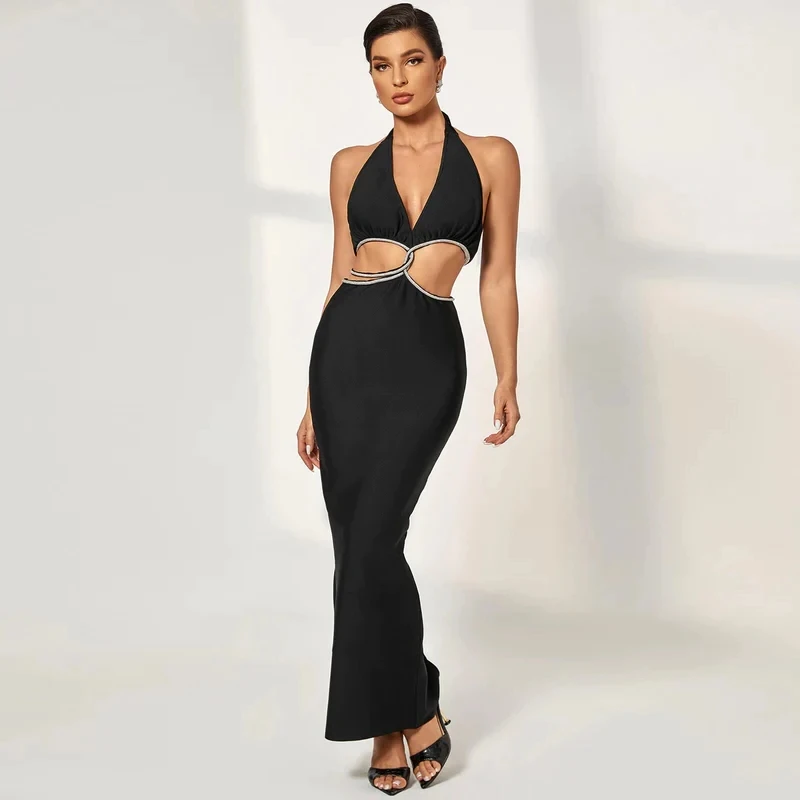 

2022 New Summer Black Rayon Bandage Women Sexy Halter Off the Shoulder Bodycon Long Dress Vacation Celebrate Nightclub Outfit