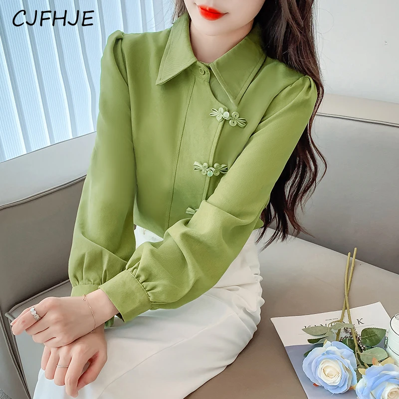 

CJFHJE New Chinese Style Button Brushed Women's Shirt Top Spring Fashion Retro Versatile Women Long Sleeved POLO Collar Shirt