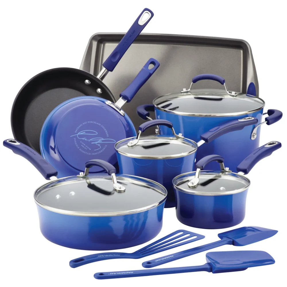 

Rachael Ray 14-Piece Hard Porcelain Enamel Nonstick Pots and Pans Sets, Cookware Set, Blue cooking pot