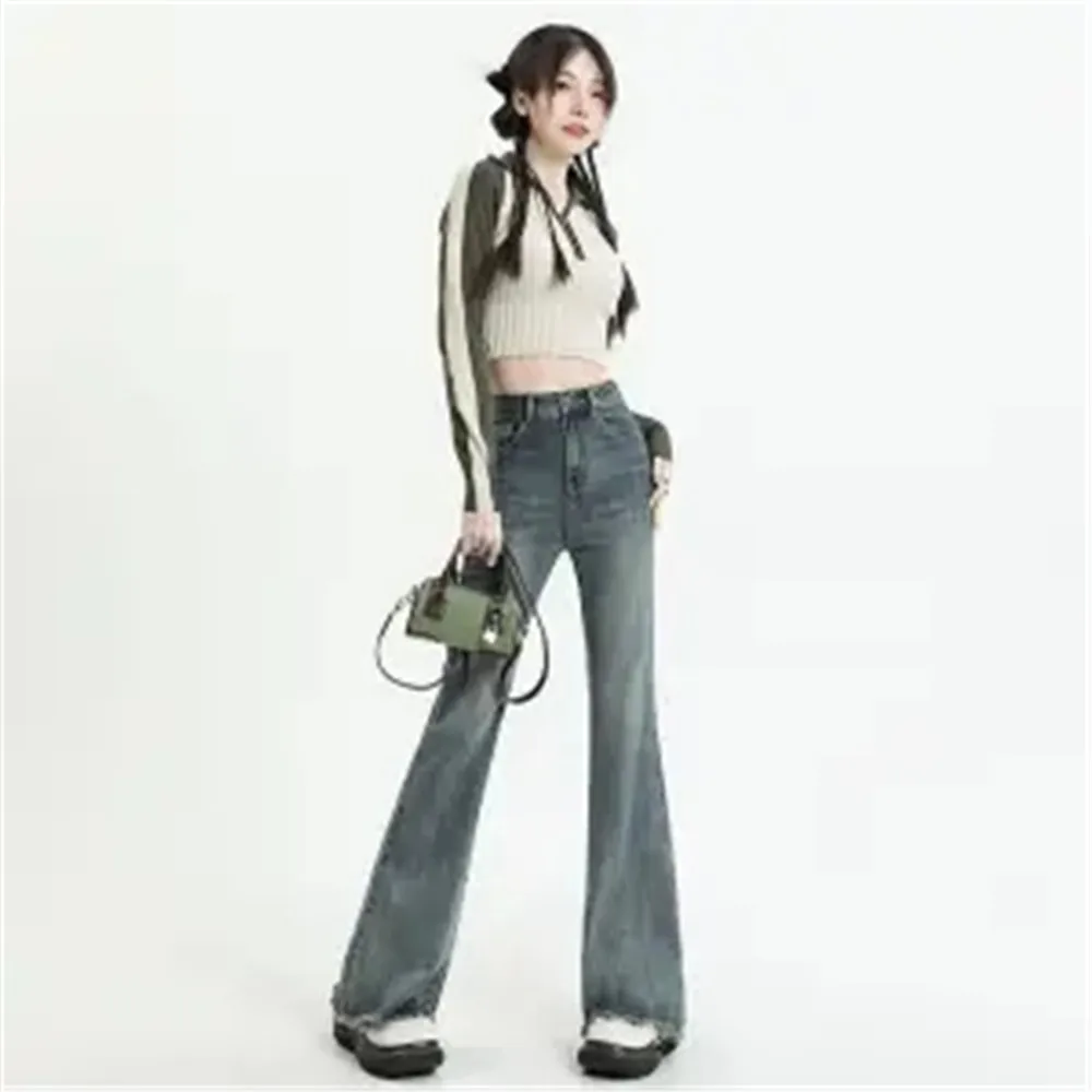 

Elastic slim fit high waisted retro y2k clothing street micro flared jeans women's spring autumn winter ruffled floor mop pants