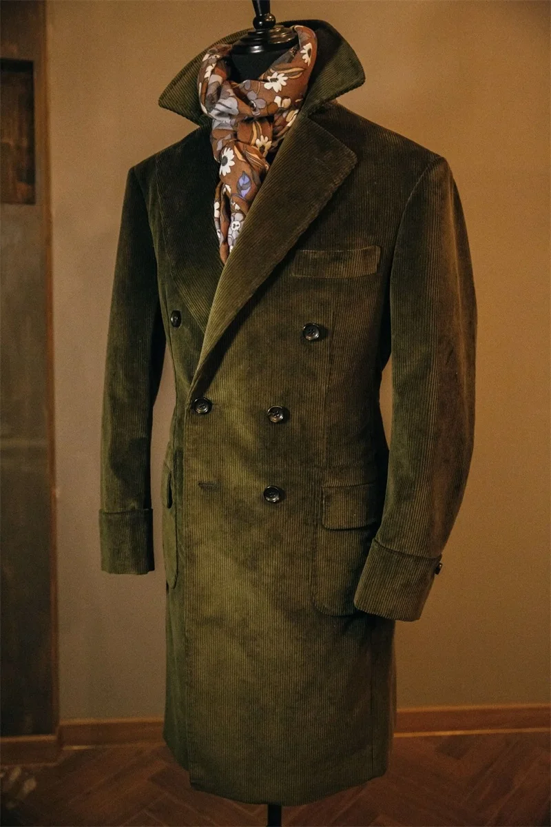 

Winter Corduroy Men Suit Long Overcoat 1 Pcs Man Jacket Windbreaker Tuxedos Formal Dark Green Business King Coat Custom Made