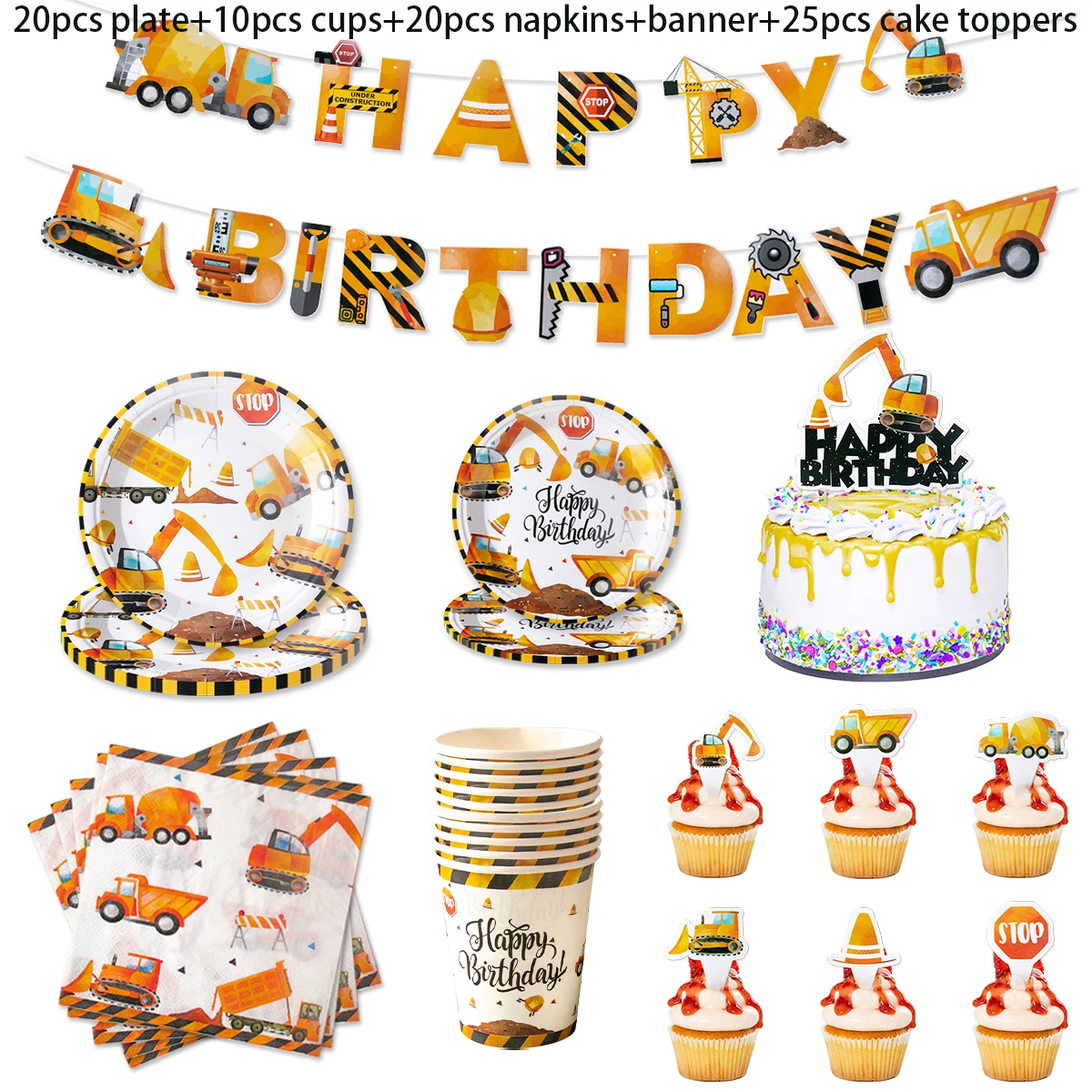 Construction Party Tableware Set – Disposable Plates, Cups, Napkins & Decor