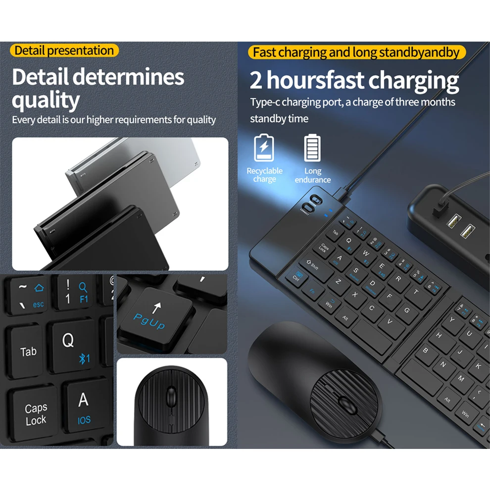 Foldable Wireless Bluetooth Keyboard and Mouse Set with Rechargeable Travel-Friendly Design