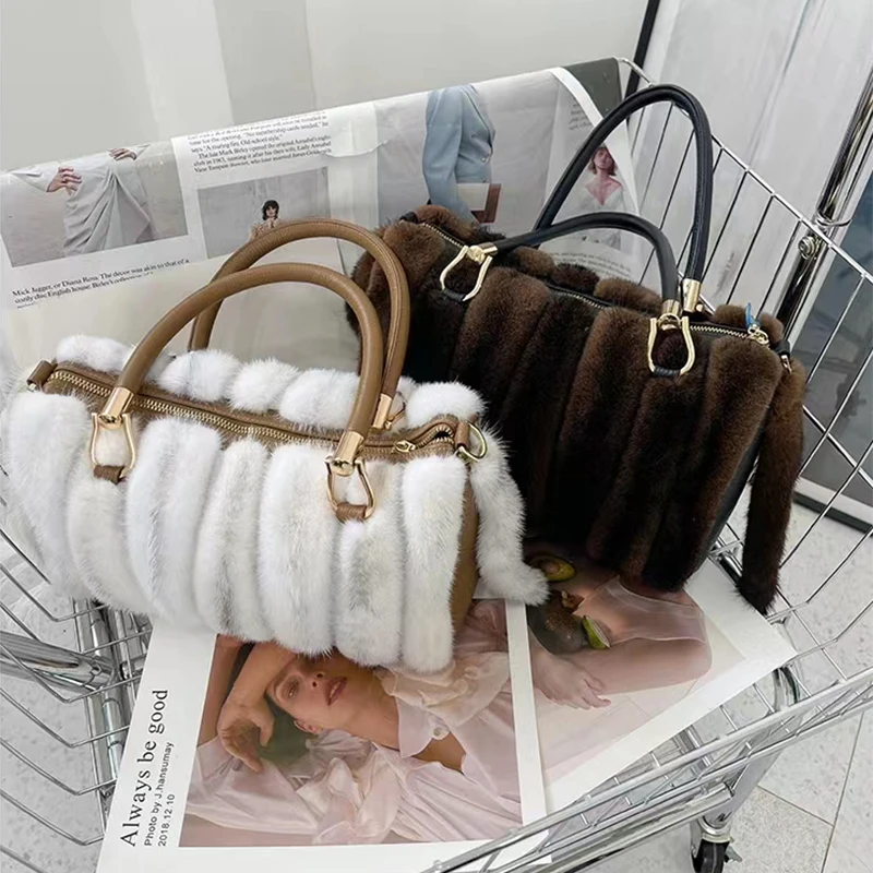 Winter Real Mink Fur Bag Luxury Brown Handbags Women High Quality Crossbody Bag Furry Large Capacity Striped Shoulder Handbag