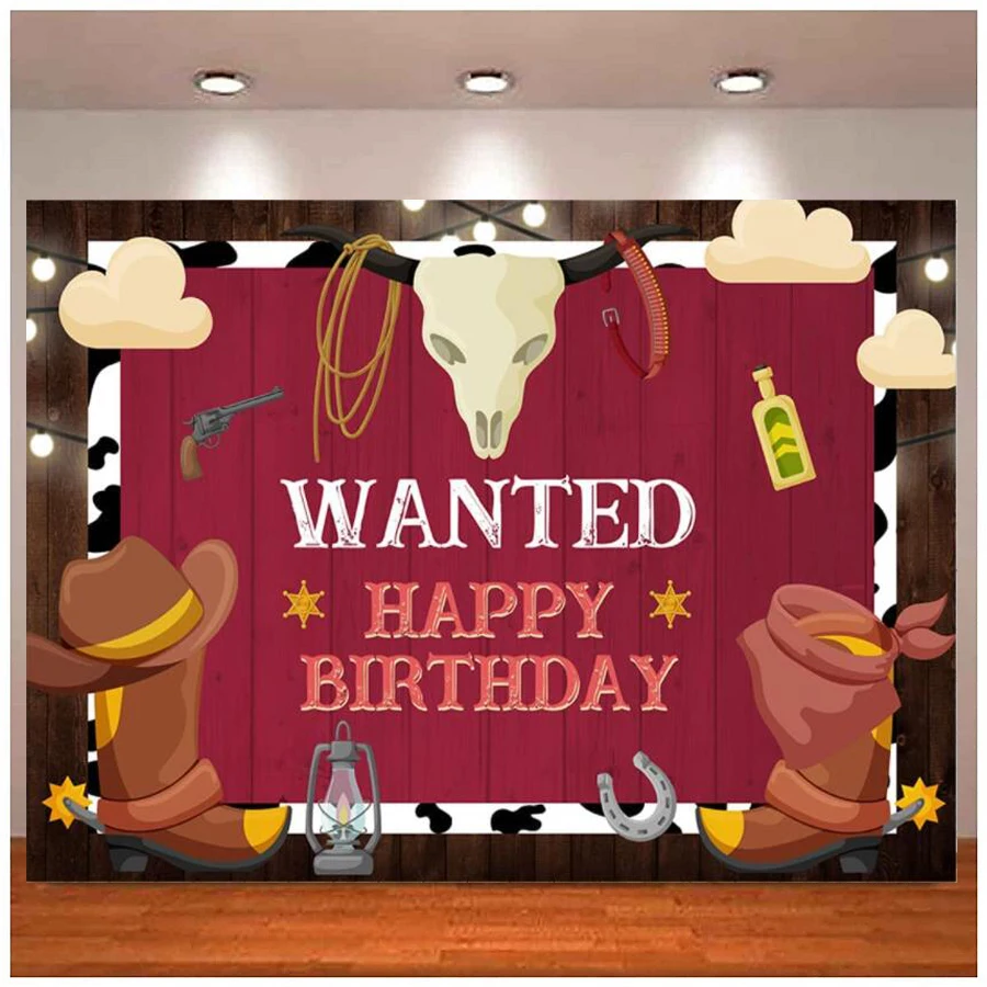 Western Cowboy Happy Birthday Sfondo Rustico Old Wild West Rodeo Cowgirl Sfondo Legno Rustico Bambini Cake Table Party Decor