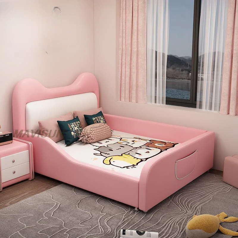 

Princess Children Beds Pink Girl Cartoon Cat Creative Single Leather Children Beds Guardrail Cama Infantil Bedroom Furniture