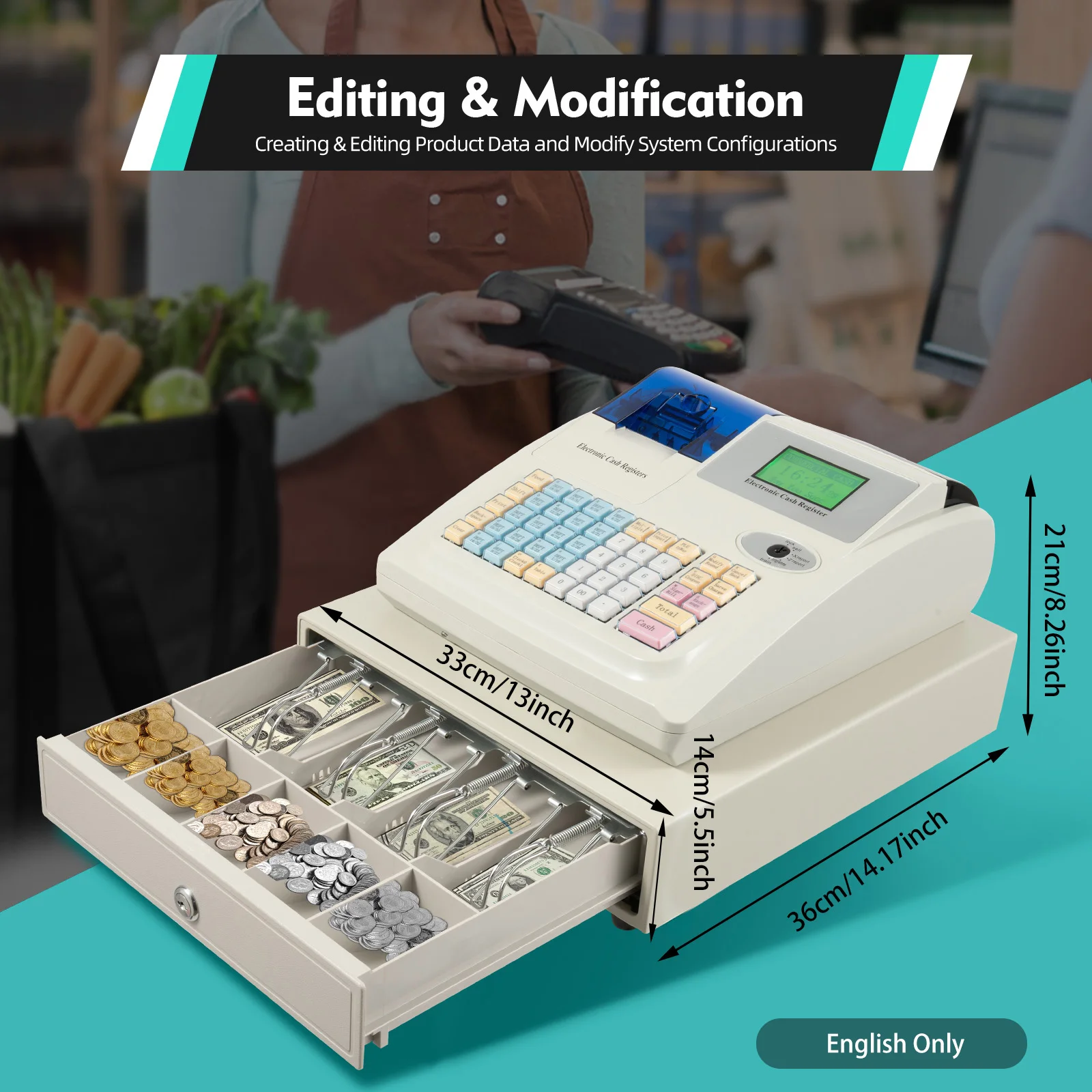 48-Key Electronic Cash Register POS Cash Register System with Thermal Printer Barcode Scanner Ports UV Money Detector for Store