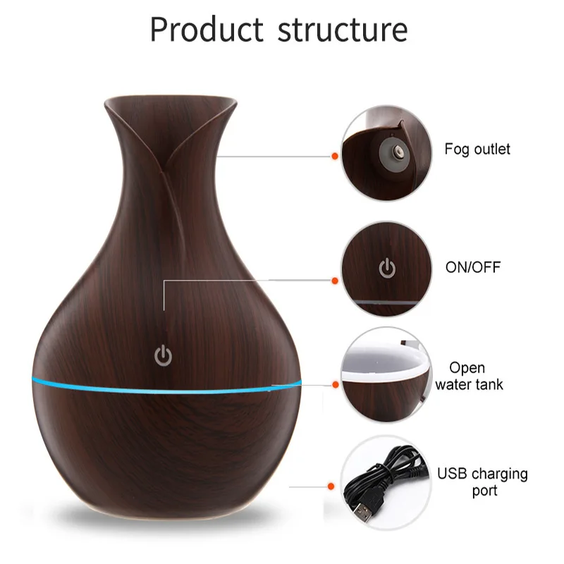 Household Wood Vase Aromatherapy Humidifier - Ultrasonic Mute Rechargeable Colorful Spray Diffuser - Image 2