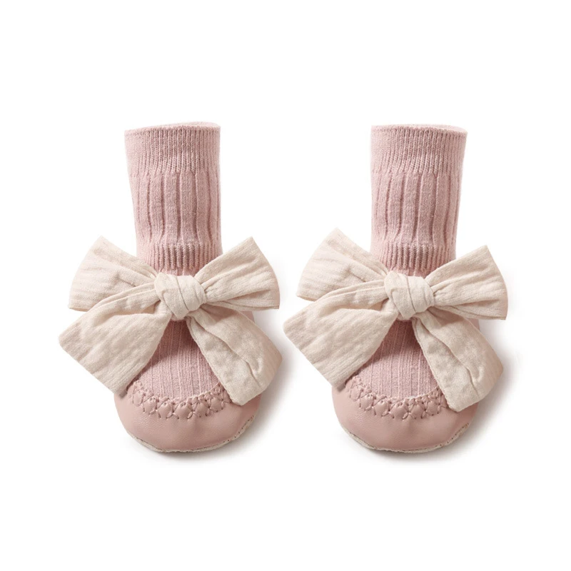 2025 Korean Style Anti-Slip Newborn Baby Leather Sole Floor Socks with Big Bowknot for Walking Toddler Non Slip Footwear Socks