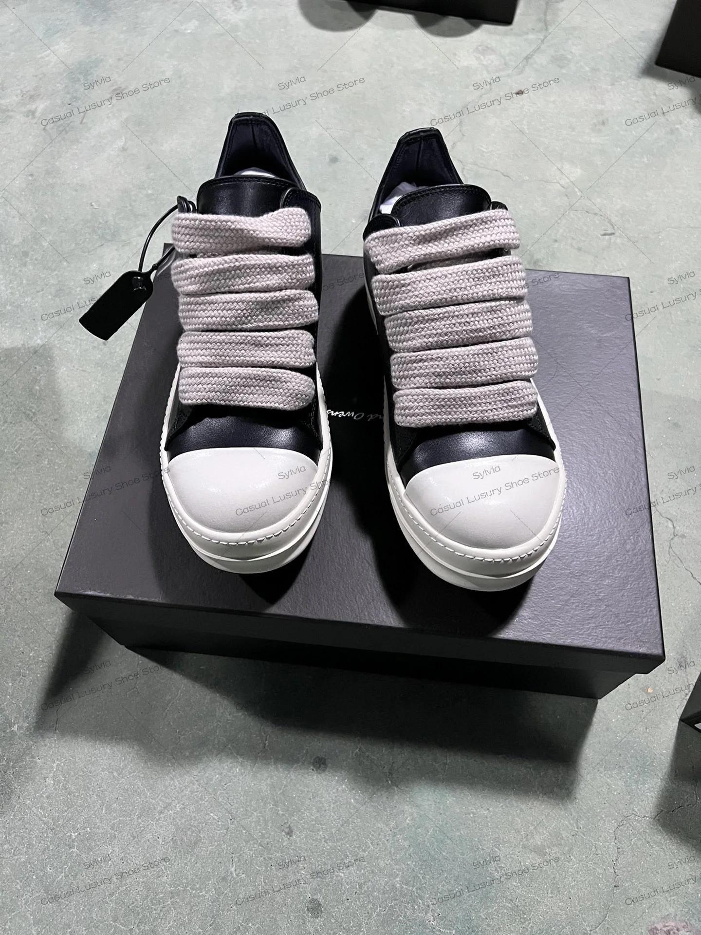 Brand Classic Design Retro Thick Shoelaces Black Cowhide Leather O-wen Men Shoe Lace-up Low Top Casual Women Street Flat Sneaker 3