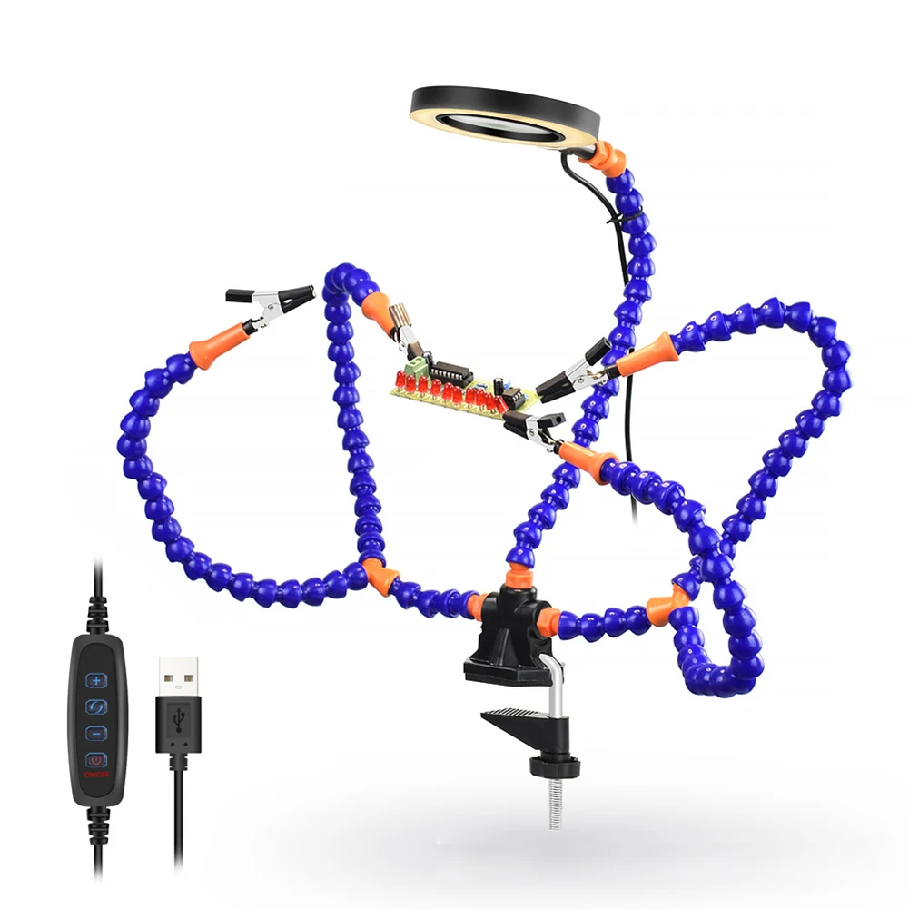 

PCB Circuit Board Holder 3X Magnifier with LED Light Welding Helping Hand 5 Flexible Arms for Electronics Repaire/ Soldering/DIY