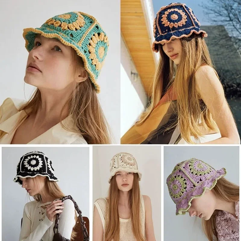 

Новинка Осень 2023, вязаная крючком Панама ручной работы в Корейском стиле, женская вязаная шапка Y2k, модные осенне-зимние облегающие шапки с цветами, шапка для раковины