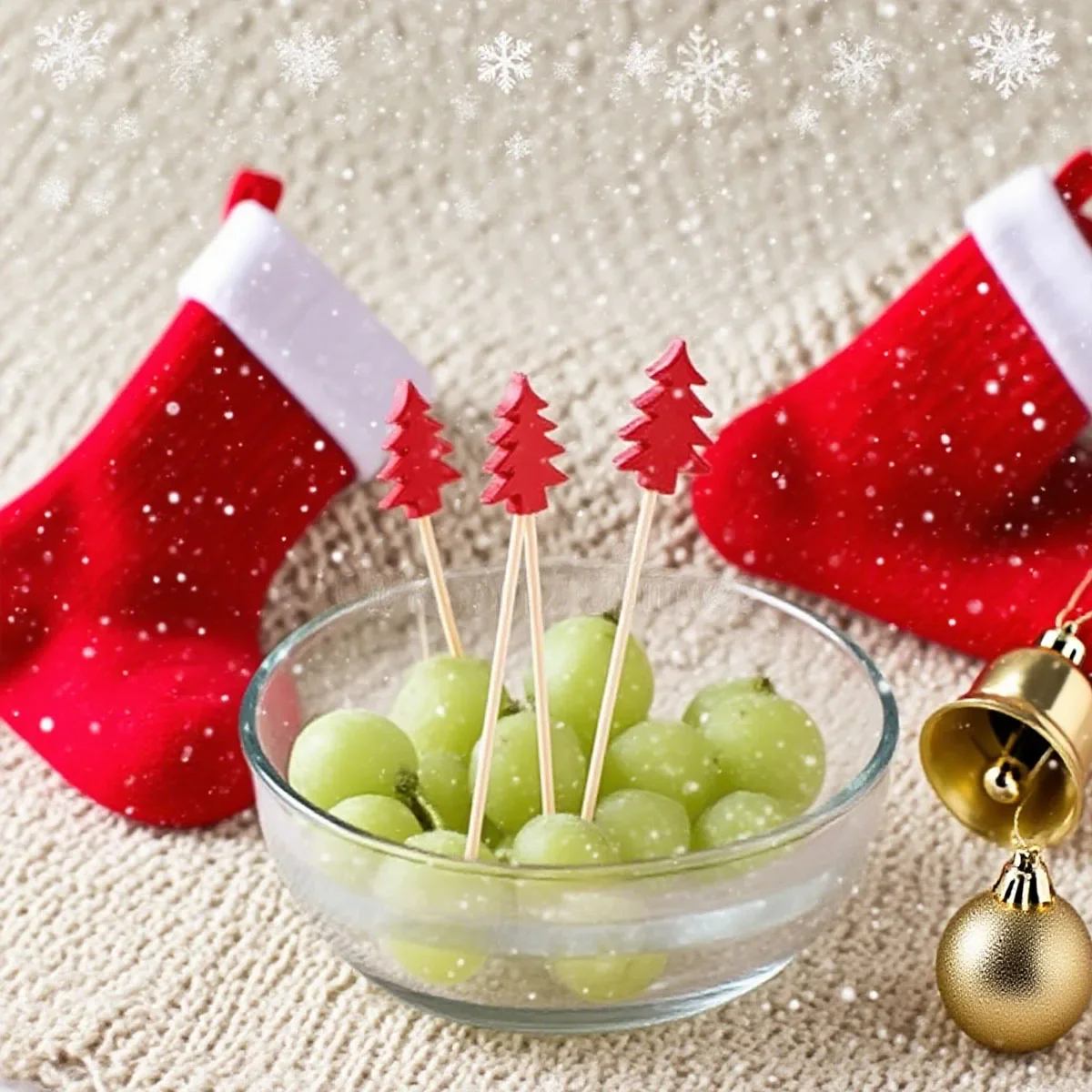 50pcs-Christmas Themed Fruit Fork Disposable Bamboo Stick Set