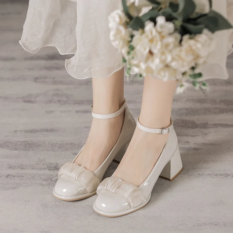 Luxury Women Shoes Square Toe Mary Janes Shoes Square Heel Dress Shoes Lace Buckle Pumps High Heels Party Wedding Women Shoes