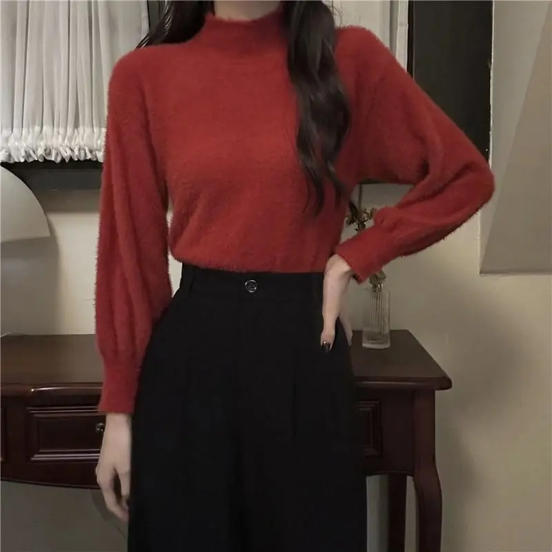

Women Autumn and Winter New Half High Neck Mink Velvet Pullover Knitted Solid Sweet Fashion Supple Warm Sweater Long Sleeve Tops